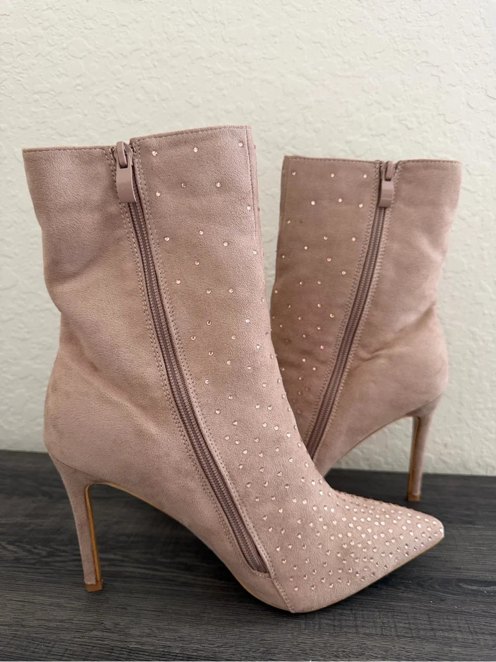 Taupe Rhinestone Pointed Toe Ankle Boots Size 10